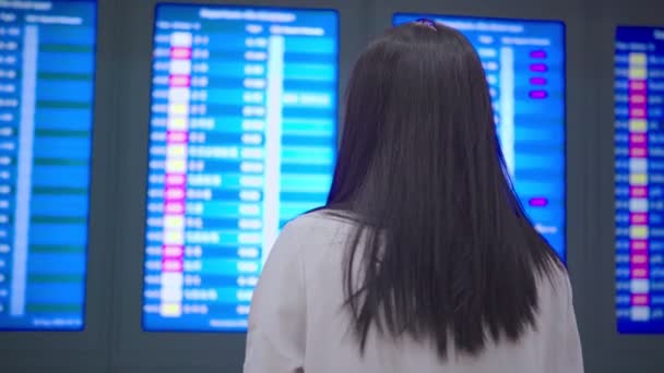 Havaalanı Terminalindeki Hava Yolu Zaman Çizelgesinin Önünde Duran Maske Takan — Stok video