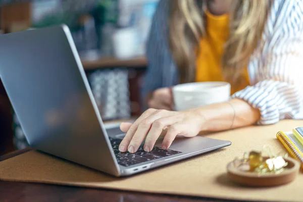 Hemmakvinna Och Distansutbildning Nätet Beskurna Händer Vacker Dam Flicka Arbetar — Stockfoto