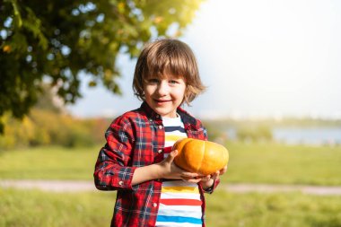 Tatlı çocuk Cadılar Bayramı 'nda sonbahar parkında balkabağıyla oynuyor. Çocuklar şeker mi şaka mı? Sonbaharda eğlence. Giyinik çocuk..