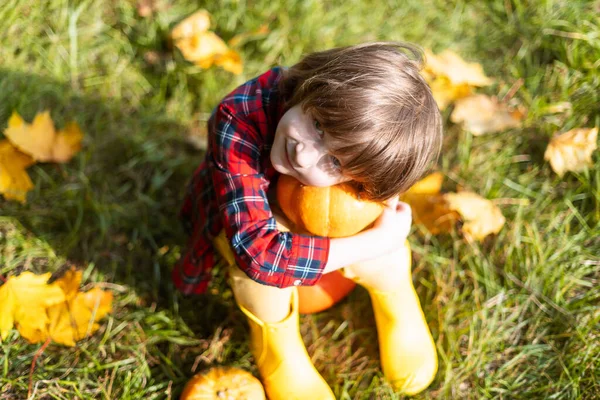 Lindo niño jugar con la calabaza en el parque de otoño en Halloween. Los niños engañan o tratan. Diversión en otoño. Vestido niño —  Fotos de Stock