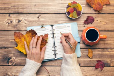 Kadın eli süveter, balkabağı stili kahve ve sonbahar temalı süslemeler, düşmüş yapraklar ve ahşap arka planda bir defter. Düz yat, boşluğu kopyala