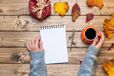 Masaüstü planlayıcısı. Kadın eli süveter, balkabağı stili kahve ve sonbahar temalı süslemeler, ahşap arka planda düşmüş yapraklar. Düz yat, boşluğu kopyala