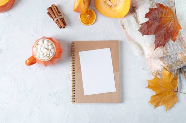 Masaüstü planlayıcısı. Not defterli üst görüntü kompozisyonu, şekerli balkabağı stili kahve ve sonbahar temalı dekorasyon, beyaz arka planda düşmüş yapraklar. Düz yat, boşluğu kopyala
