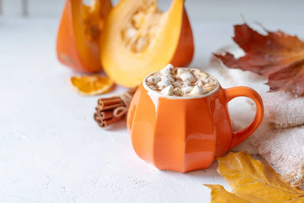 Composition Orange Pumpkin Styled Cup Coffee Marshmallows Autumn Themed Decoration — Stock Photo, Image