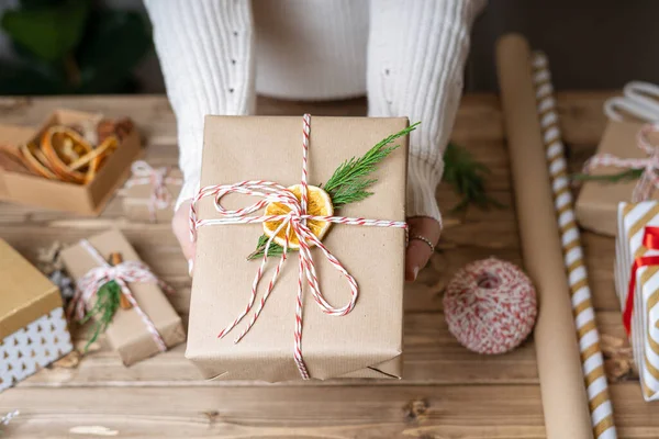 Woman Hands Wrapping Christmas Gift Close Unprepared Christmas Presents Wooden — Stock Photo, Image