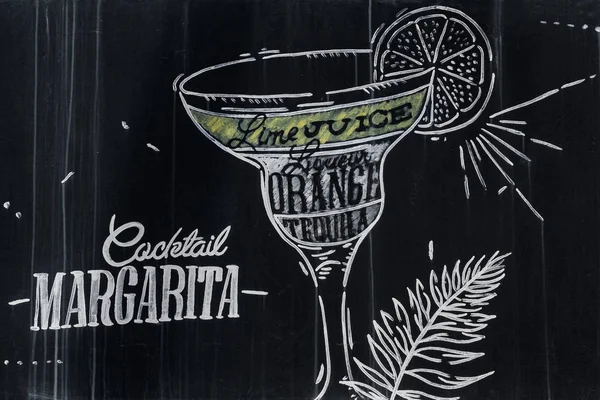 Margarita cocktail in vintage style drawing with chalk on blackboard.