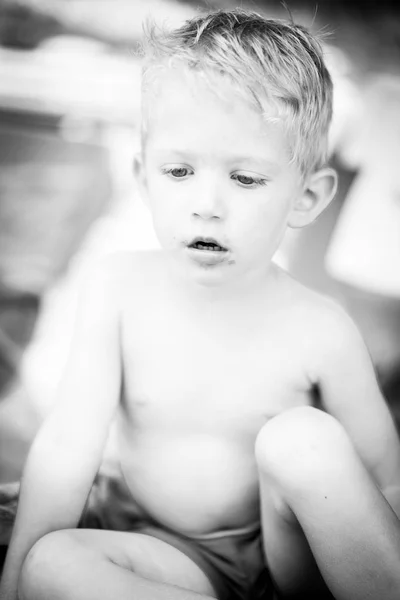 Portrait Caucasian White Infant Boy Chocolate His Face Vertical Image — Stock Photo, Image
