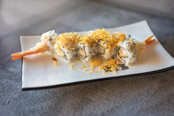 Shrips Sushi Served Rectangular White Plate Dark Gray Stone Background — Stock Photo, Image