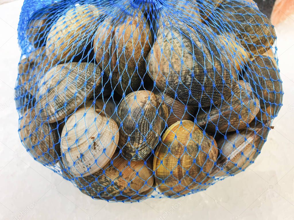 fresh uncooked harvest clams  in the package