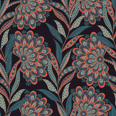 Çiçeksel vektör illüstrasyonu. Kusursuz etnik arkaplan