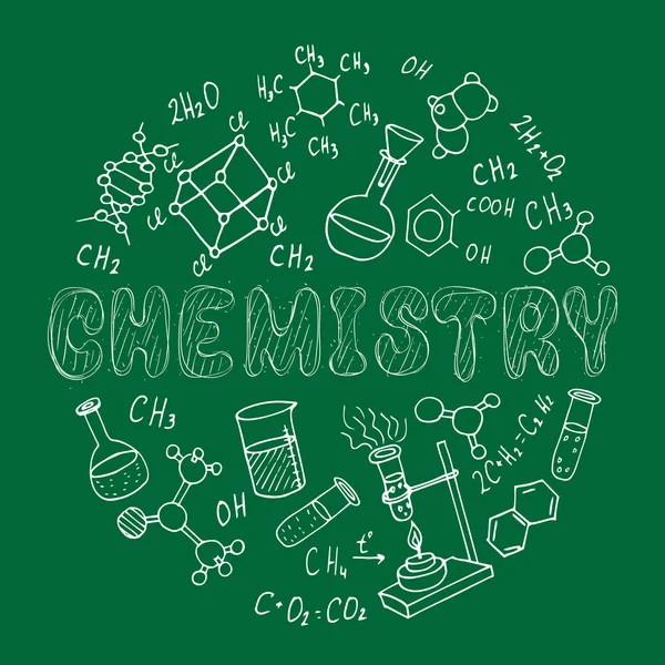 Set Van Hand Getrokken Chemie Doodles Gevormd Een Cirkel Vectorillustratie — Stockvector