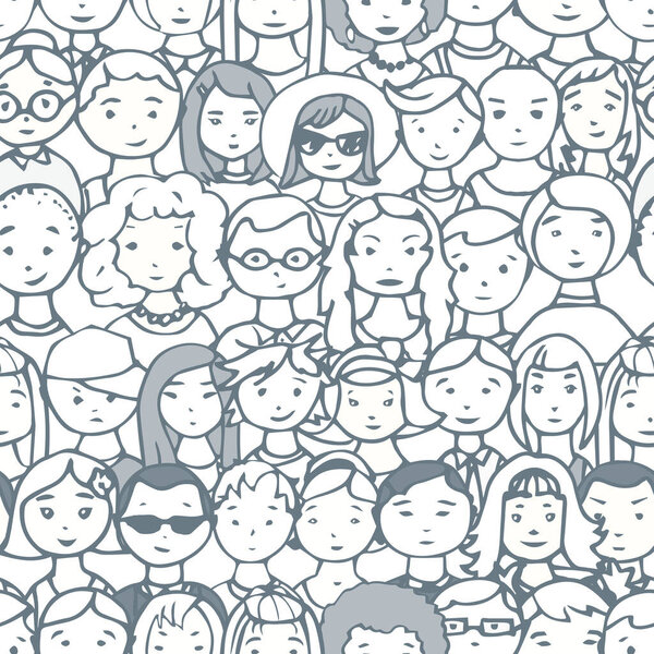 Бесшовный рисунок лица людей, нарисованных вручную. Векторная иллюстрация толпы людей