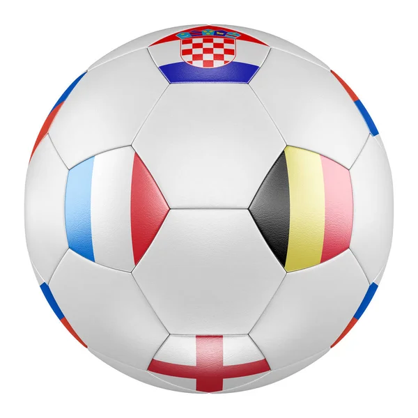 3D soccer ball with flags of Belgium, Croatia, England, France, on white background. Semi-fianal match between France and Belgium