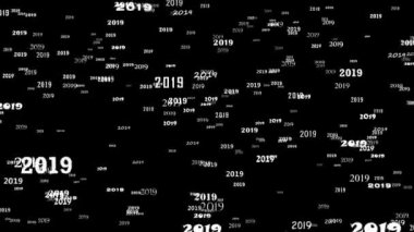 Beyaz 2019, yaklaşan bir siyah arka plan üzerinde kayan sayılar dizisi. Yeni yıl. Mutlu Noeller. Rastgele düzenlenmiş sayı kümesi. Kesintisiz döngü video. 3D render. 4k, 3840 x 2160.