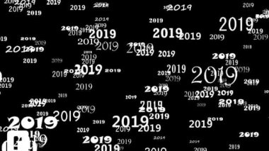 Beyaz 2019, yaklaşan bir siyah arka plan üzerinde kayan sayılar dizisi. Yeni yıl. Mutlu Noeller. Rastgele düzenlenmiş sayı kümesi. Kesintisiz döngü video. 3D render. 4k, 3840 x 2160.