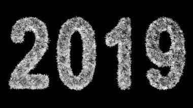 2019 yeni yıl yazıt siyah bir zemin üzerine büyük kar taneleri oluşan. Ekran modunda kullanmak için en iyi. 3D render.
