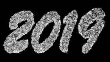 2019 yeni yıl yazıt siyah bir zemin üzerine büyük kar taneleri oluşan. Ekran modunda kullanmak için en iyi. 3D render.