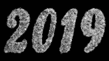 2019 yeni yıl yazıt siyah bir zemin üzerine büyük kar taneleri oluşan. Ekran modunda kullanmak için en iyi. 3D render.