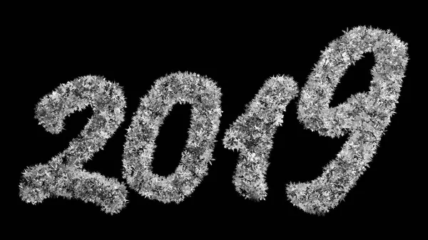 2019 yeni yıl yazıt siyah bir zemin üzerine büyük kar taneleri oluşan. Ekran modunda kullanmak için en iyi. 3D render.