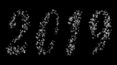 2019 olarak titreşen kar taneleri ve siyah bir arka plan üzerinde çözünme birikimi. Ekran modunda kullanmak için en iyi. 4k, 3840 x 2160. İlmekledi Seemless video.
