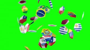 Copa America Brezilya toplamak içinde dönen bir futbol topu 2019 yılında katılan ülkelerin bayrakları. 4k, 3840 x 2160. 3D render. Yeşil ekran.