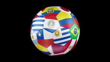 Amerika'nın Kupası 2019 bayraklı Copa America 2019 Brezilya futbol topu döndürür. 4k, 3840 x 2160. Kesintisiz döngü video. 3D render. Siyah ekran.