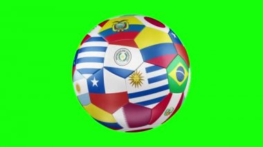 Amerika'nın Kupası 2019 bayraklı Copa America 2019 Brezilya futbol topu döndürür. 4k, 3840 x 2160. Kesintisiz döngü video. 3D render. Yeşil ekran.