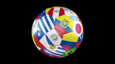Copa America 2019 Brezilya katılımcı ülkelerin bayrakları taşıyan döndürme bir futbol topu. 4k, 3840 x 2160. Kesintisiz döngü video. 3D render. Siyah ekran.