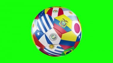 Copa America 2019 Brezilya katılımcı ülkelerin bayrakları taşıyan döndürme bir futbol topu. 4k, 3840 x 2160. Kesintisiz döngü video. 3D render. Yeşil ekran.