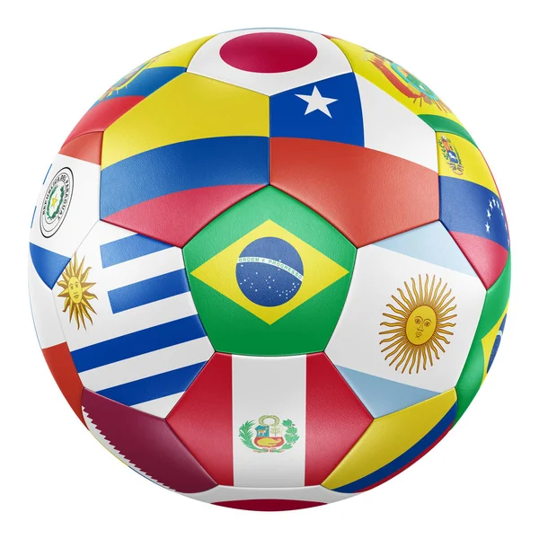 Futbol topu ile Copa America 2019 Brezilya katılımcı ülkelerin bayrakları