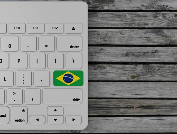 Brasil Flag Enter Key White Keyboard Wood Background Renderização — Fotografia de Stock