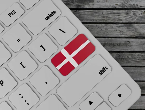 Danimarka bayrağı ahşap arka planda, beyaz klavyede anahtar girin. 3B render