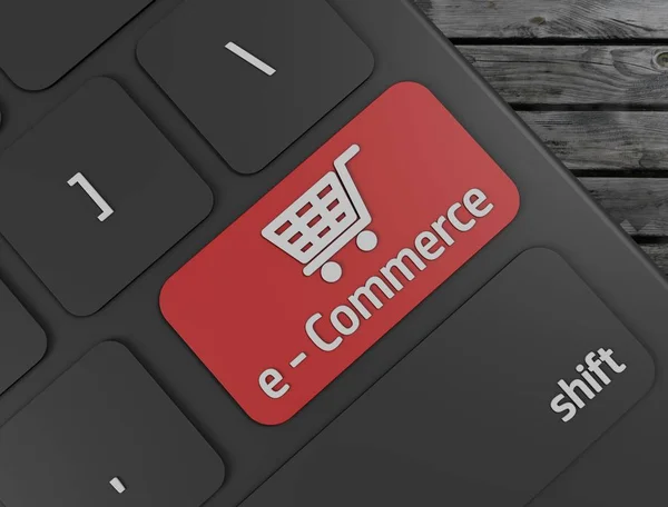 Red E-Commerce Button on Computer Keyboard 3d render