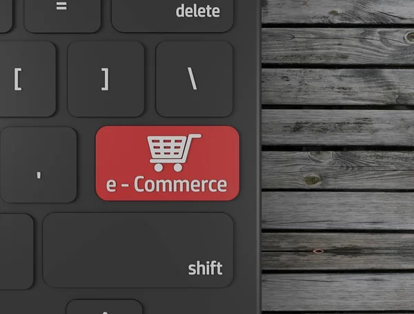 Κόκκινο Κουμπί Ηλεκτρονικού Εμπορίου Στο Πληκτρολόγιο Υπολογιστή Απόδοση — Φωτογραφία Αρχείου