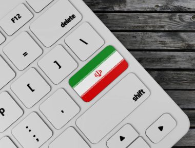 İran bayrağı beyaz klavyede, ahşap arka planda tuş girin. 3d render