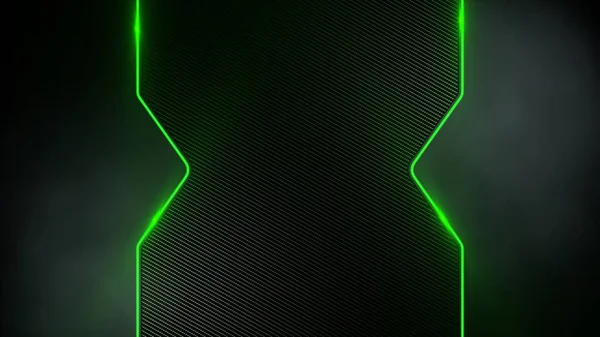 Oyun, sunum, afiş, kapak, ağ, broşür, kart, poster, duvar kağıdı, doku için tasarlanmış, parlayan yeşil ışıklarla geometrik fütüristik karbon ve metal arka plan. 3d resimleme