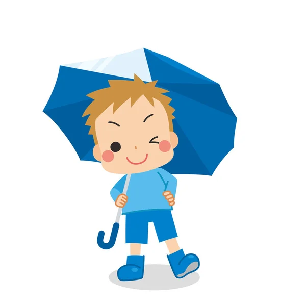 Illustration Eines Jungen Mit Regenstiefeln Und Regenschirm — Stockvektor