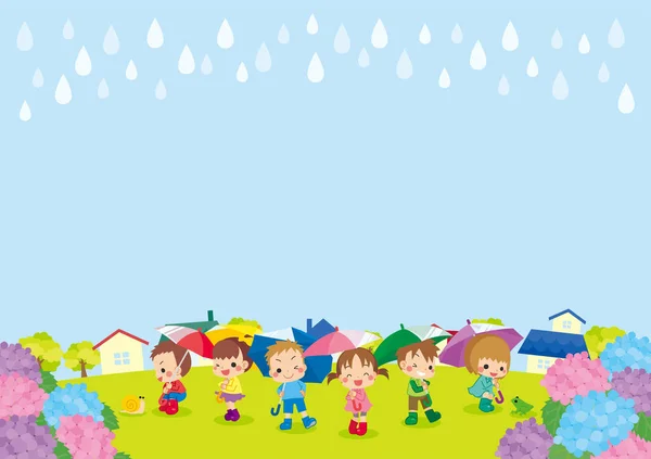 Illustration Cute Children Standing Umbrella Rainy Day — Stock Vector