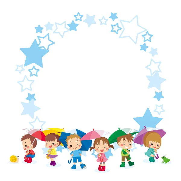 Ilustração Uma Moldura Padrão Estrela Com Crianças Segurando Guarda Chuva — Vetor de Stock