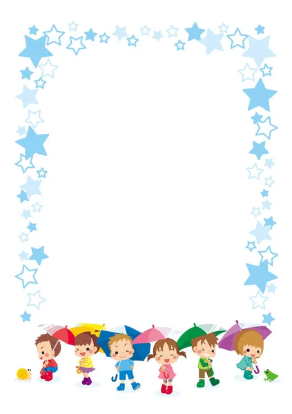 Ilustração Uma Moldura Padrão Estrela Com Crianças Segurando Guarda Chuva — Vetor de Stock