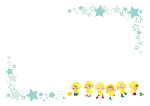 Illustration Eines Sternenmusterrahmens Mit Kleinen Kindern Passenden Gelben Regenmänteln — Stockvektor
