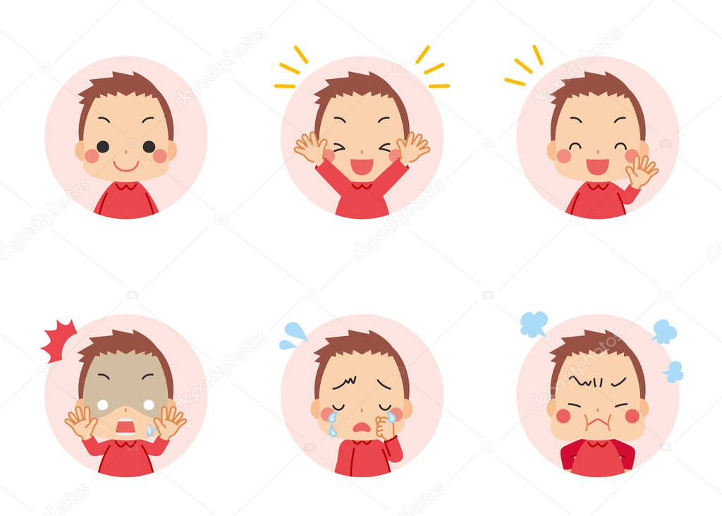 Illustration of little boy facial expression variation.