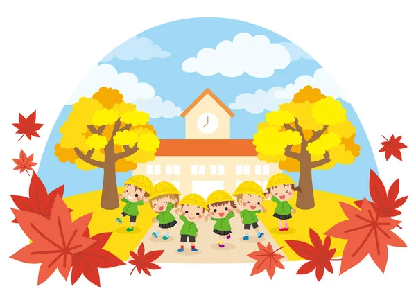 Ilustración Lindos Niños Del Jardín Infantes Paisaje Otoñal — Vector de stock