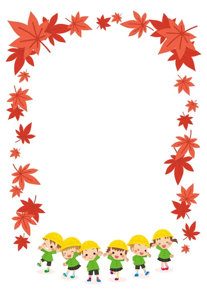 可愛い幼稚園の子供と秋の葉のフレームのイラスト — ストックベクタ