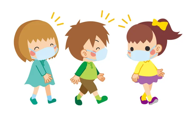 Ilustración Niños Con Máscaras Caminando Con Amigos — Vector de stock