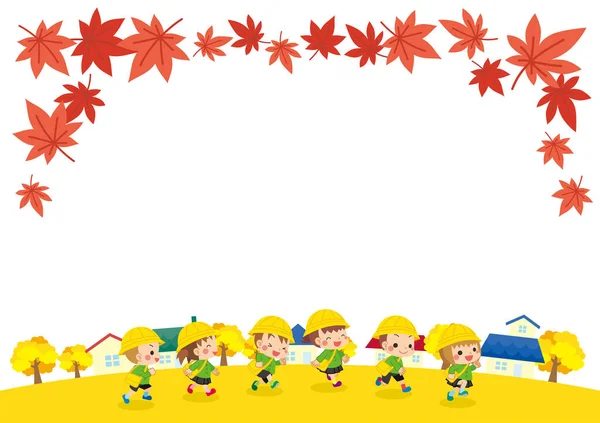 Illustration Kindergarten Kids Running Town Autumn Afternoon — Stock Vector