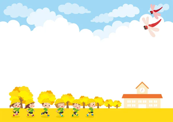 Illustration Von Niedlichen Kindergartenkindern Die Herbst Zum Kindergartengebäude Rennen — Stockvektor