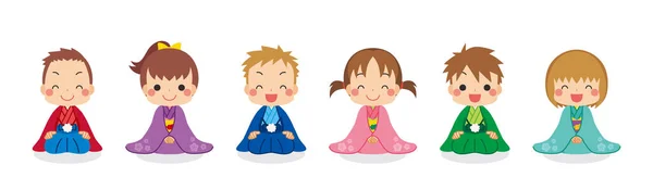 Ilustración Niño Lindo Sentarse Kimono — Vector de stock