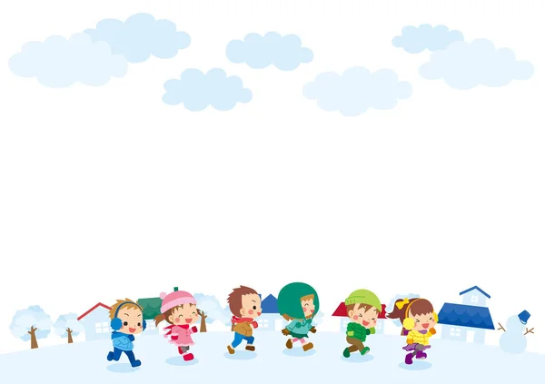 Illustration Cute Children Running Snowy Town — Stock Vector