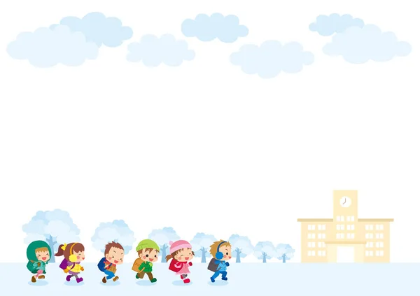 可爱小学生冬季奔向学校的图例 — 图库矢量图片